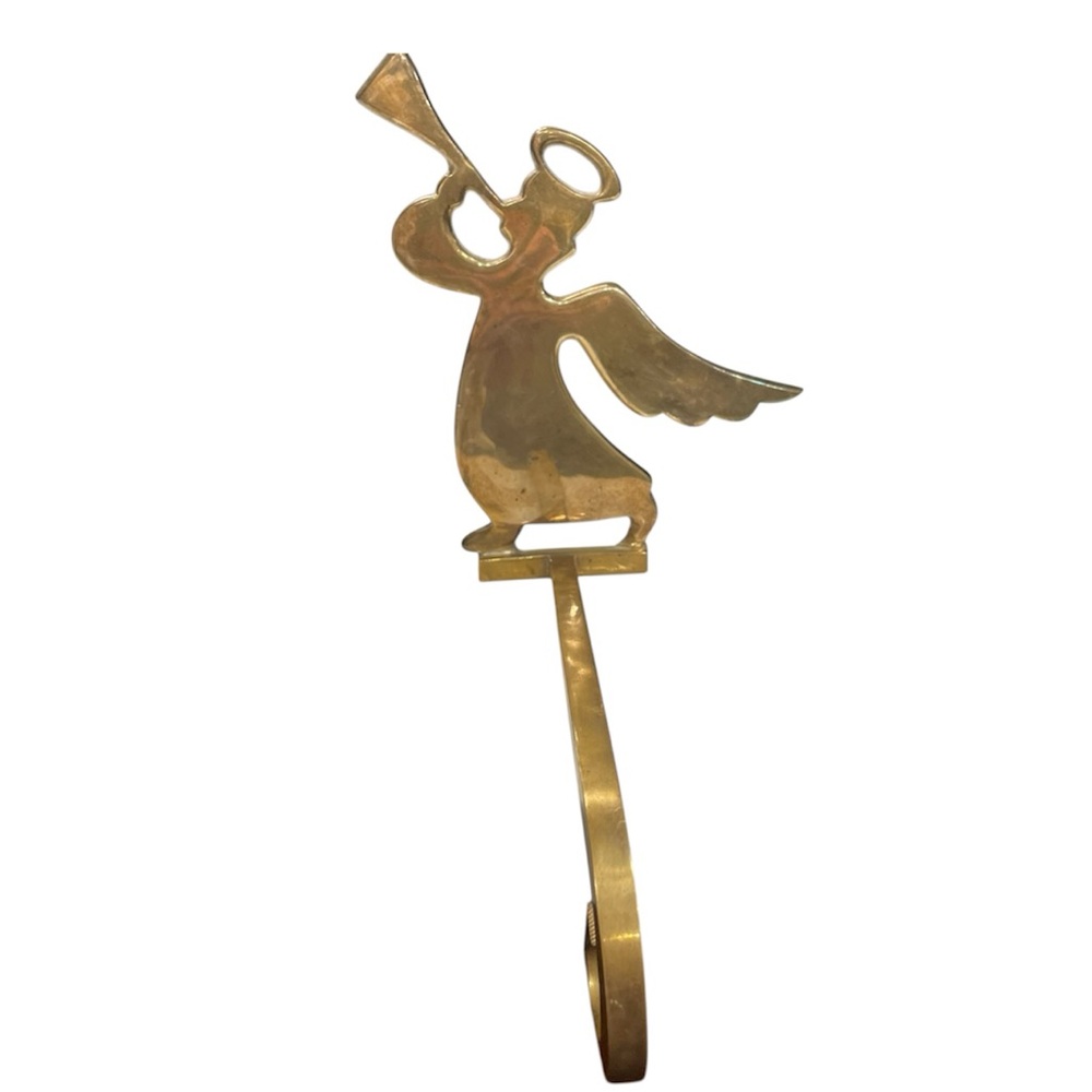 Cherub Brass Mantel Stocking Hook Christmas Angel Vtg Metal Long Hang Tradition
